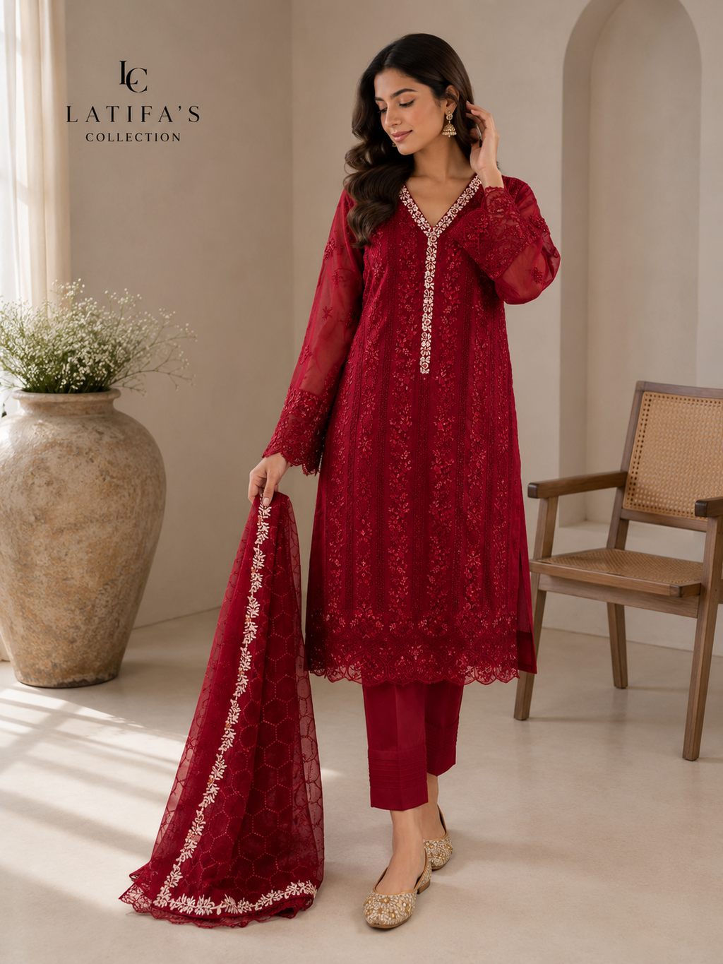Red Ruby Royale Embroidered Luxury Suit – 3 Piece Set