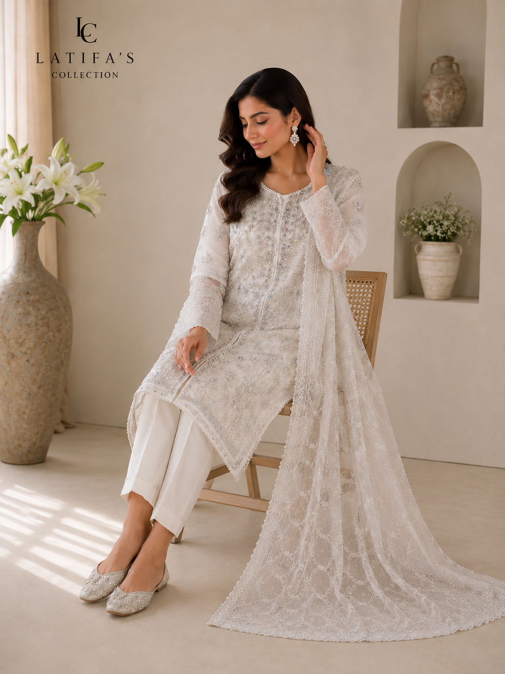 Latifa’s Collection – Ivory Luxe Embroidered Formal Suit
