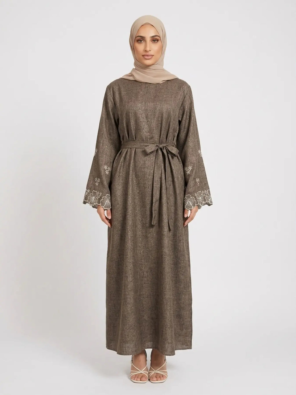 Elegant Embroidered Abaya Maxi Dress, Linen-Like Fabric, Pockets & Belt Included, Perfect for Special Occasions, Women'S Fashion, Muslim Clothing