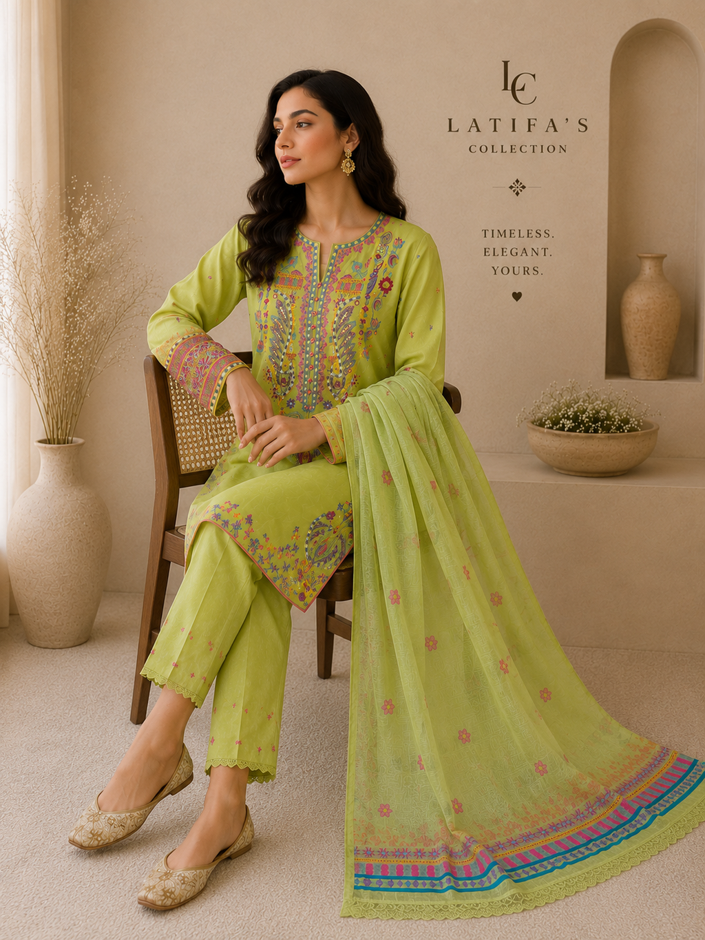 Lime Noor Embroidered 3-Piece Suit