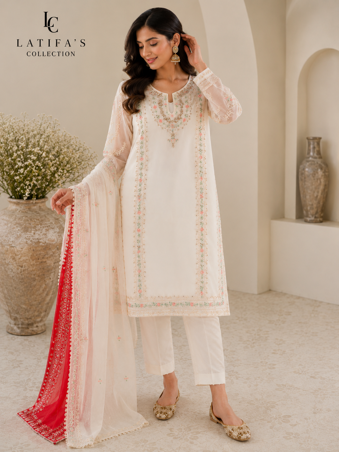 Ivory Blossom Luxury Embroidered 3-Piece Suit Set