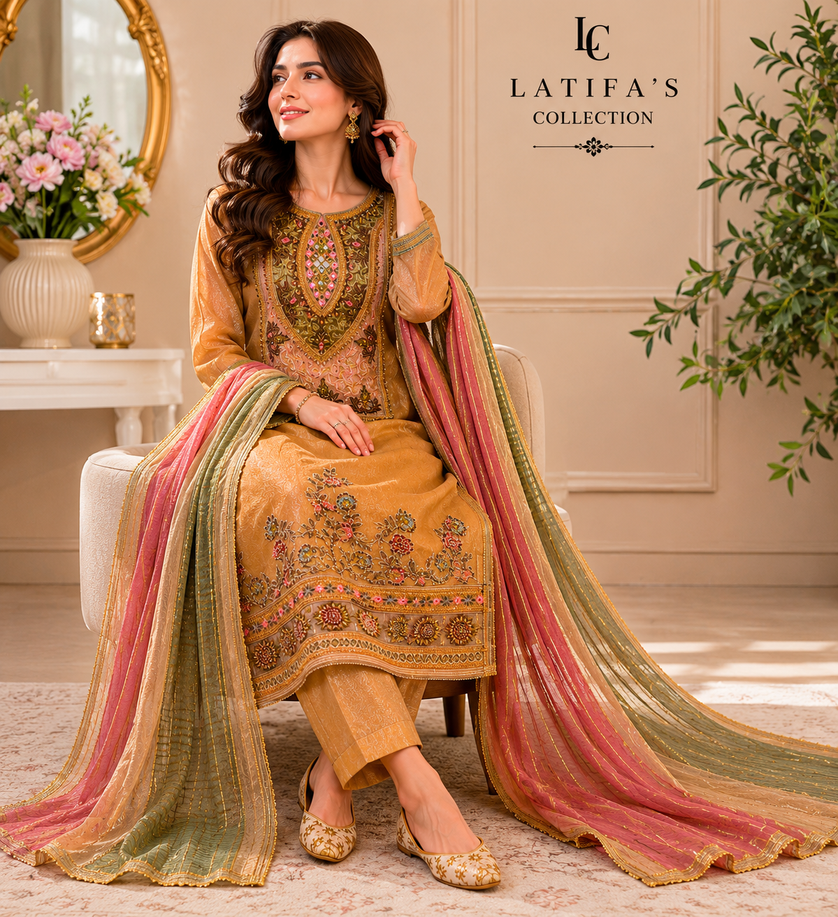Royal Amber Luxe Embroidered 3-Piece Suit Set