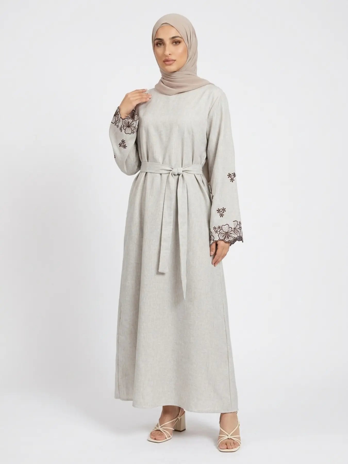Elegant Embroidered Abaya Maxi Dress, Linen-Like Fabric, Pockets & Belt Included, Perfect for Special Occasions, Women'S Fashion, Muslim Clothing