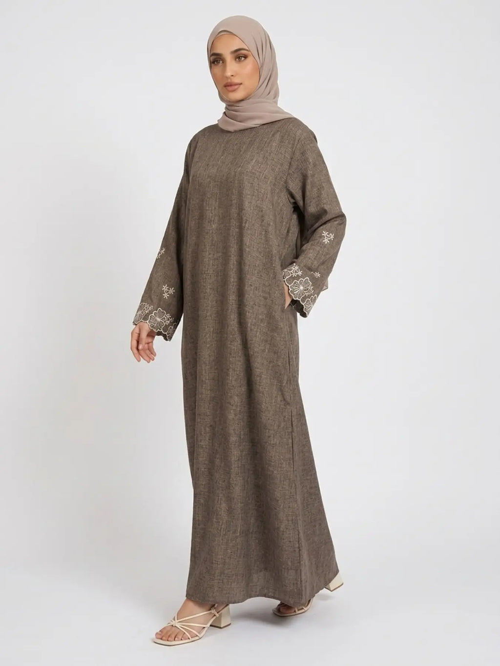 Elegant Embroidered Abaya Maxi Dress, Linen-Like Fabric, Pockets & Belt Included, Perfect for Special Occasions, Women'S Fashion, Muslim Clothing