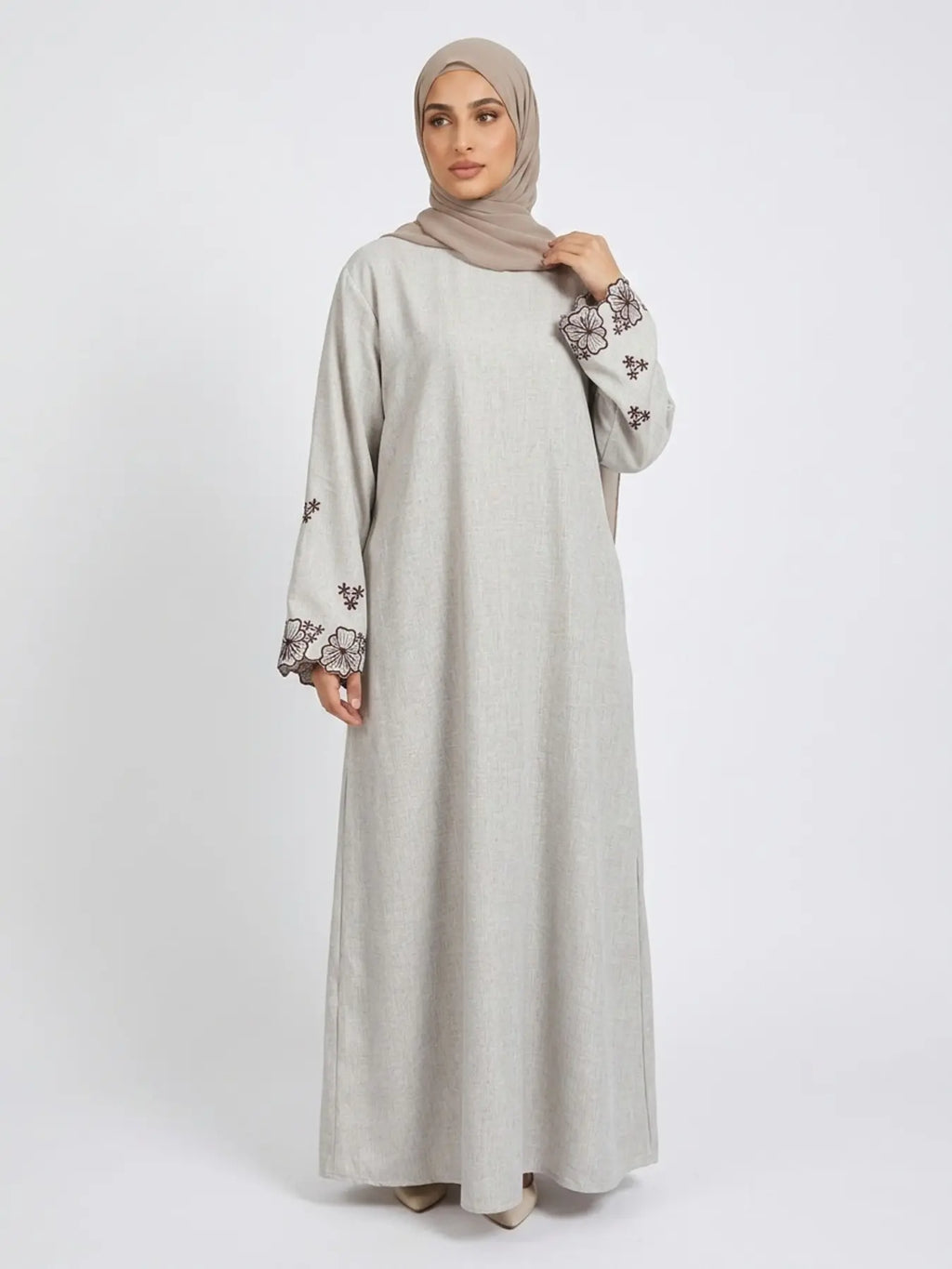 Elegant Embroidered Abaya Maxi Dress, Linen-Like Fabric, Pockets & Belt Included, Perfect for Special Occasions, Women'S Fashion, Muslim Clothing