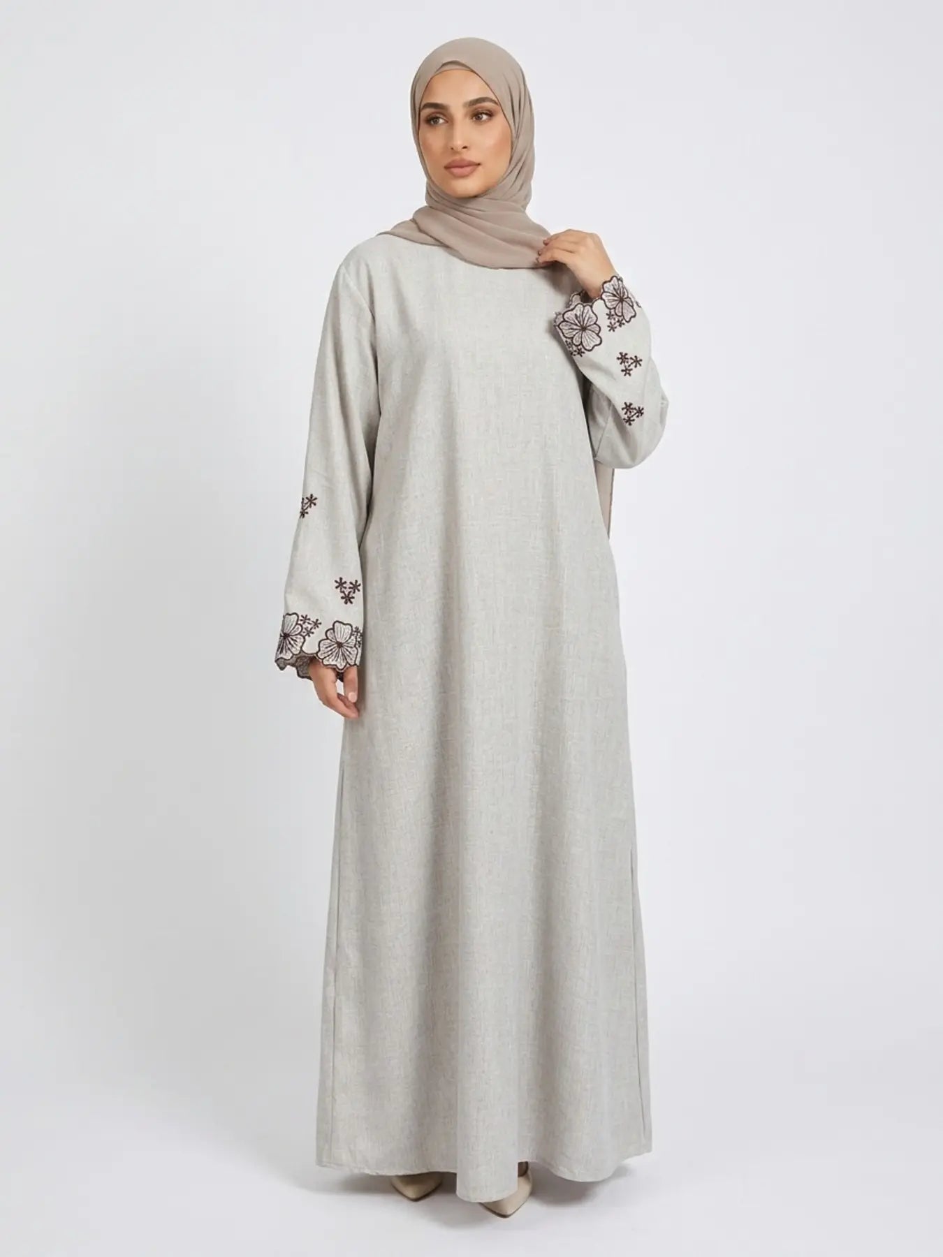 Elegant Embroidered Abaya Maxi Dress, Linen-Like Fabric, Pockets & Belt Included, Perfect for Special Occasions, Women'S Fashion, Muslim Clothing