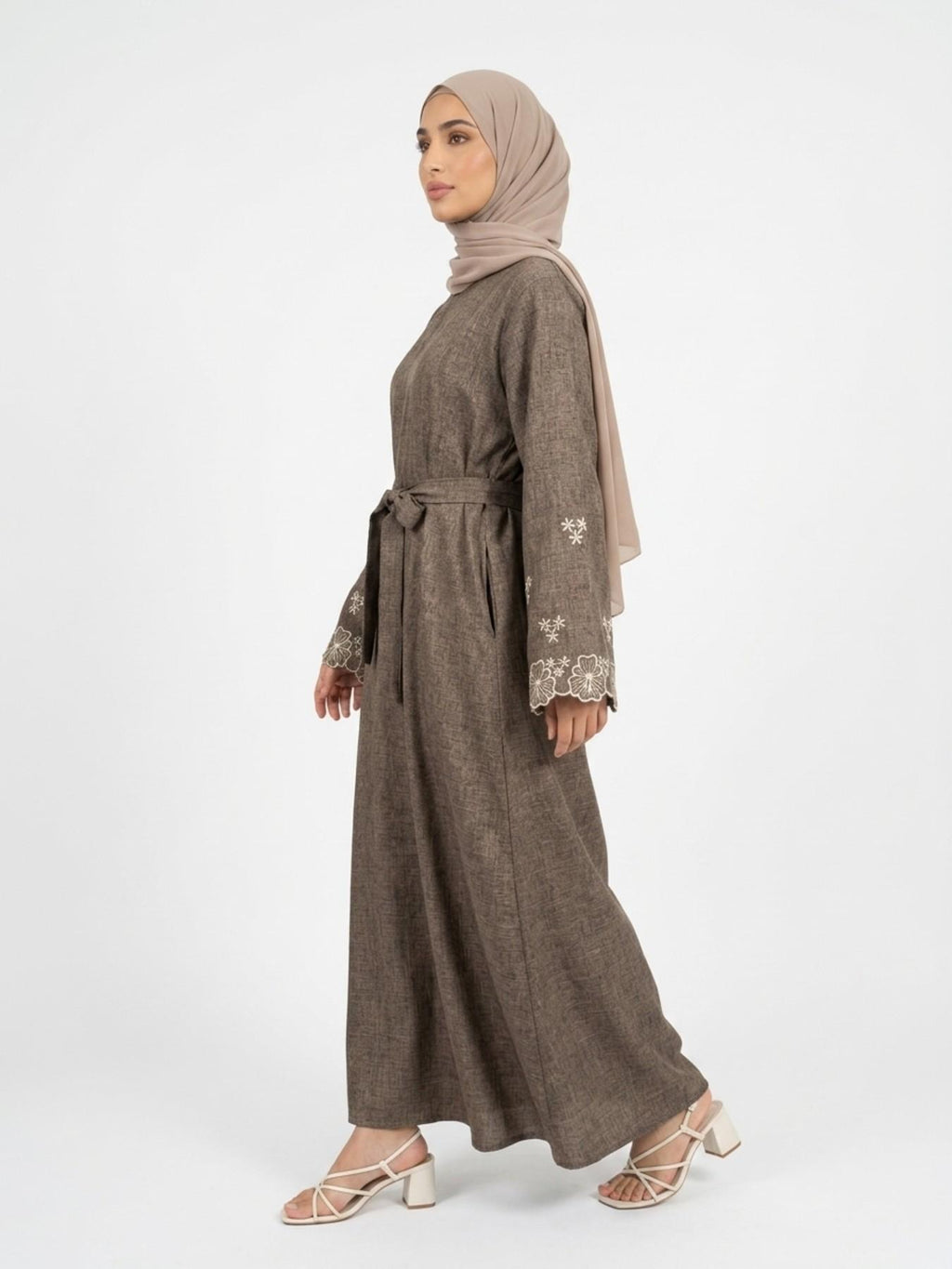 Elegant Embroidered Abaya Maxi Dress, Linen-Like Fabric, Pockets & Belt Included, Perfect for Special Occasions, Women's Fashion
