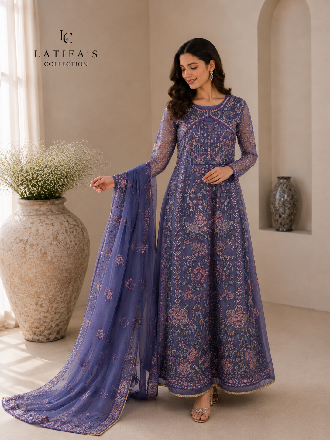 Midnight Amethyst Luxury Embroidered Formal Dress – 3 Piece Set