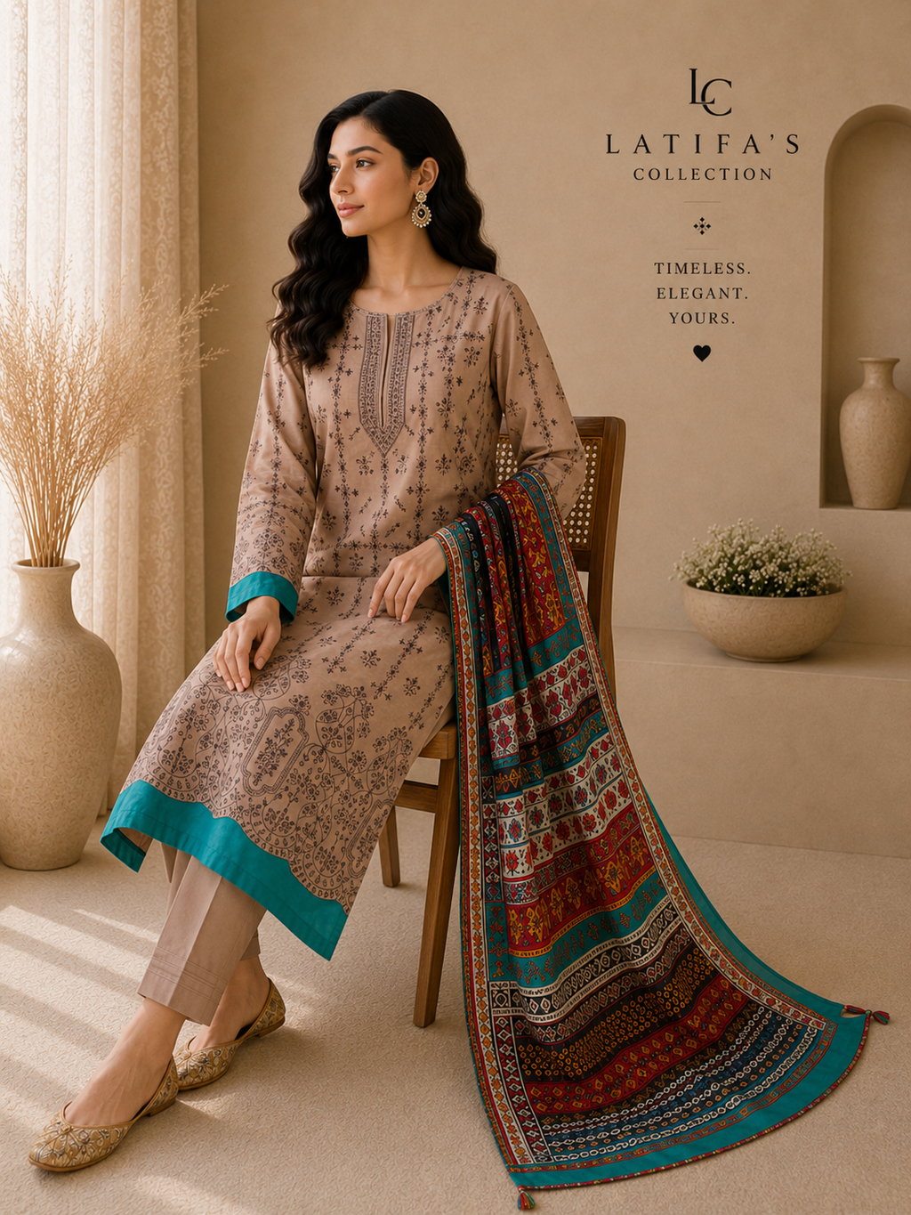 Zarmina Heritage Embroidered 3-Piece Suit – Sand Beige & Turquoise