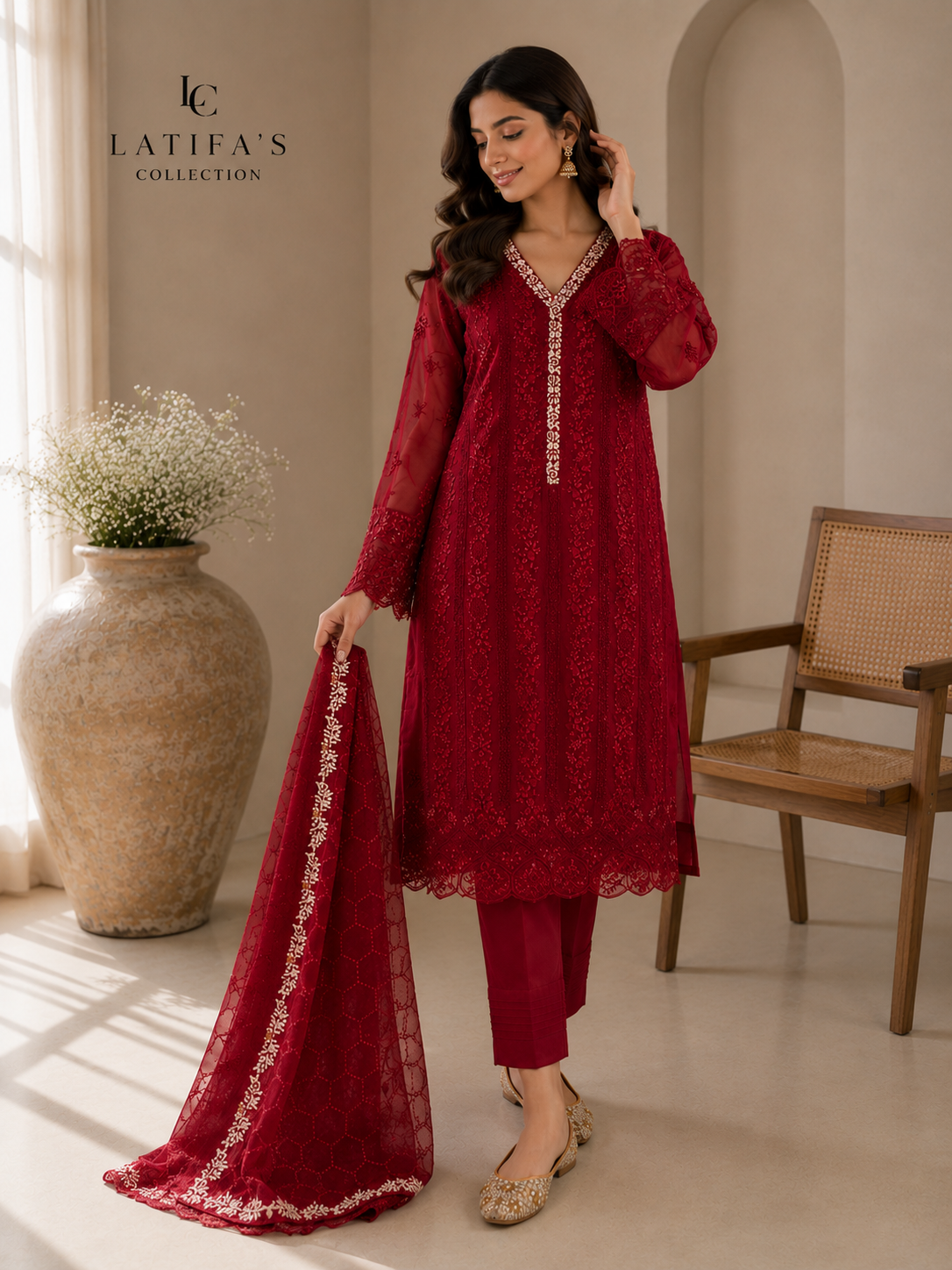 Red Ruby Royale Embroidered Luxury Suit – 3 Piece Set