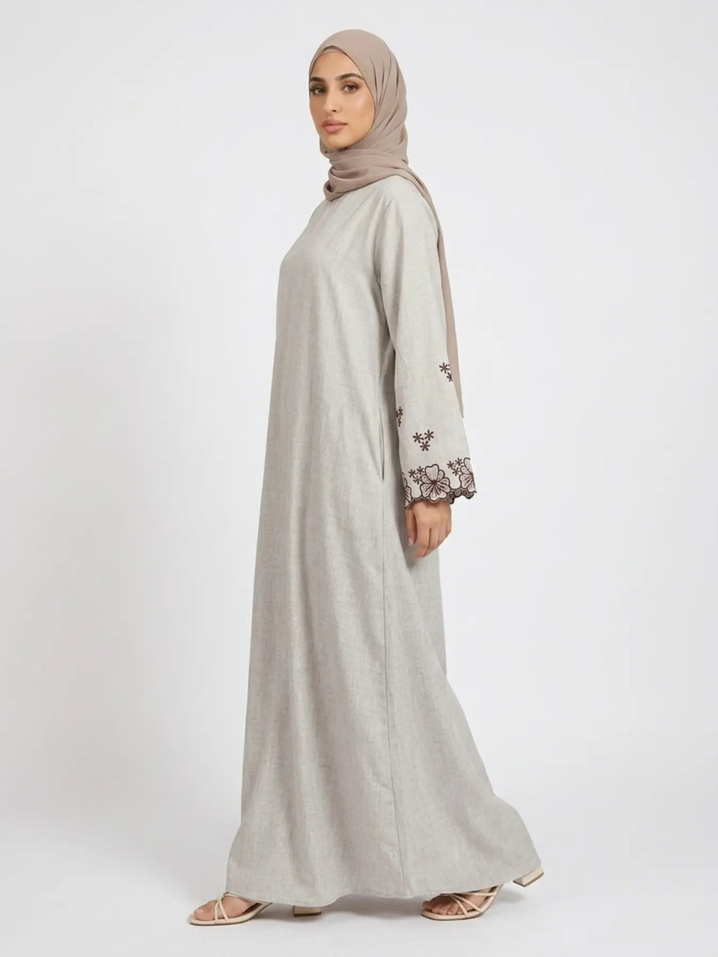 Elegant Embroidered Abaya Maxi Dress, Linen-Like Fabric, Pockets & Belt Included, Perfect for Special Occasions, Women'S Fashion, Muslim Clothing