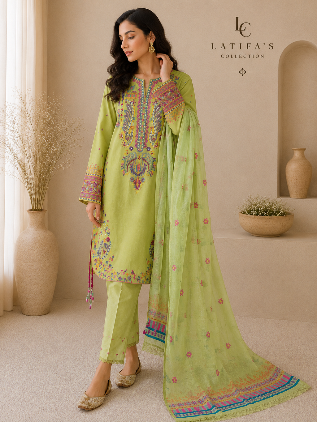Lime Noor Embroidered 3-Piece Suit