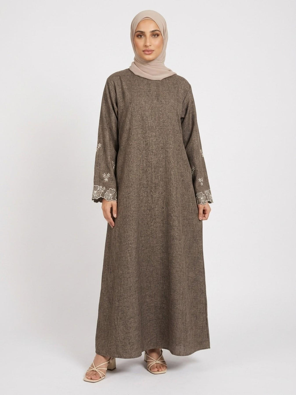 Elegant Embroidered Abaya Maxi Dress, Linen-Like Fabric, Pockets & Belt Included, Perfect for Special Occasions, Women's Fashion