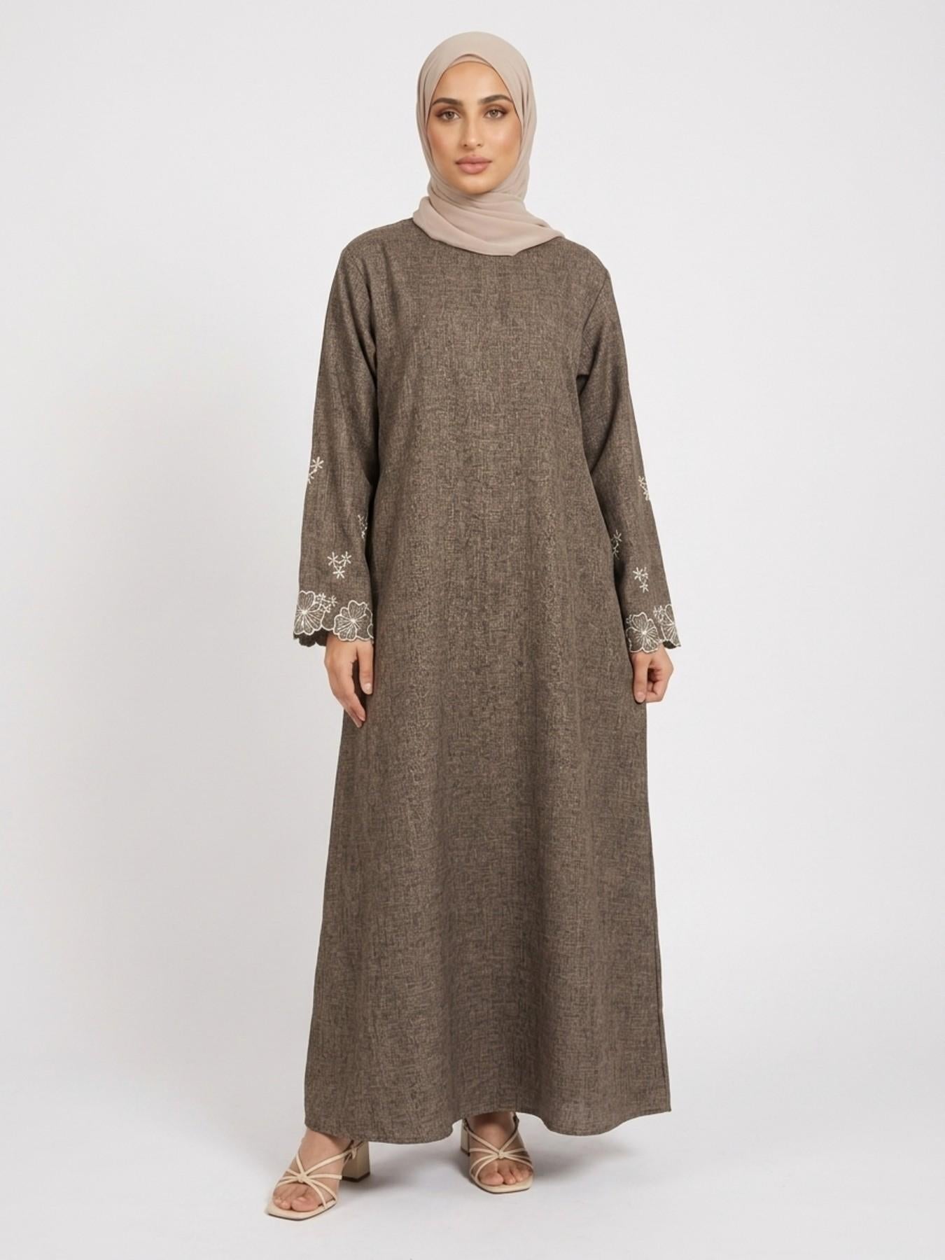 Elegant Embroidered Abaya Maxi Dress, Linen-Like Fabric, Pockets & Belt Included, Perfect for Special Occasions, Women's Fashion
