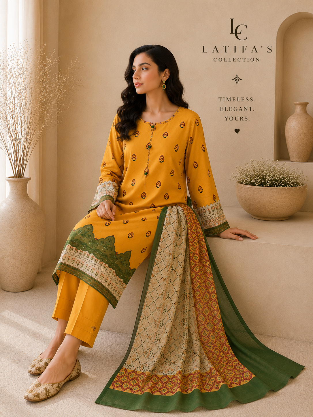 Golden Zareen Embroidered 3-Piece Suit