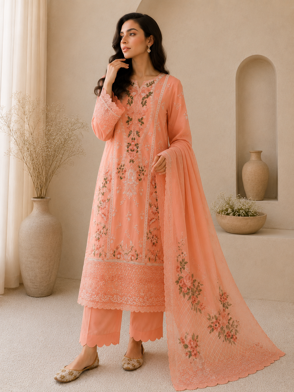 Peach Blossom Embroidered 3-Piece Suit