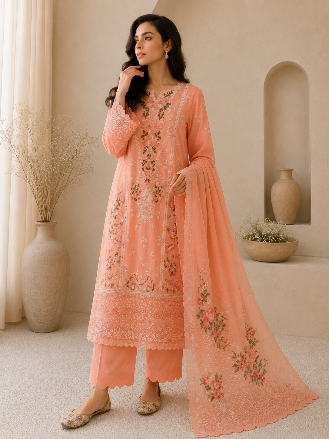 Peach Blossom Embroidered 3-Piece Suit