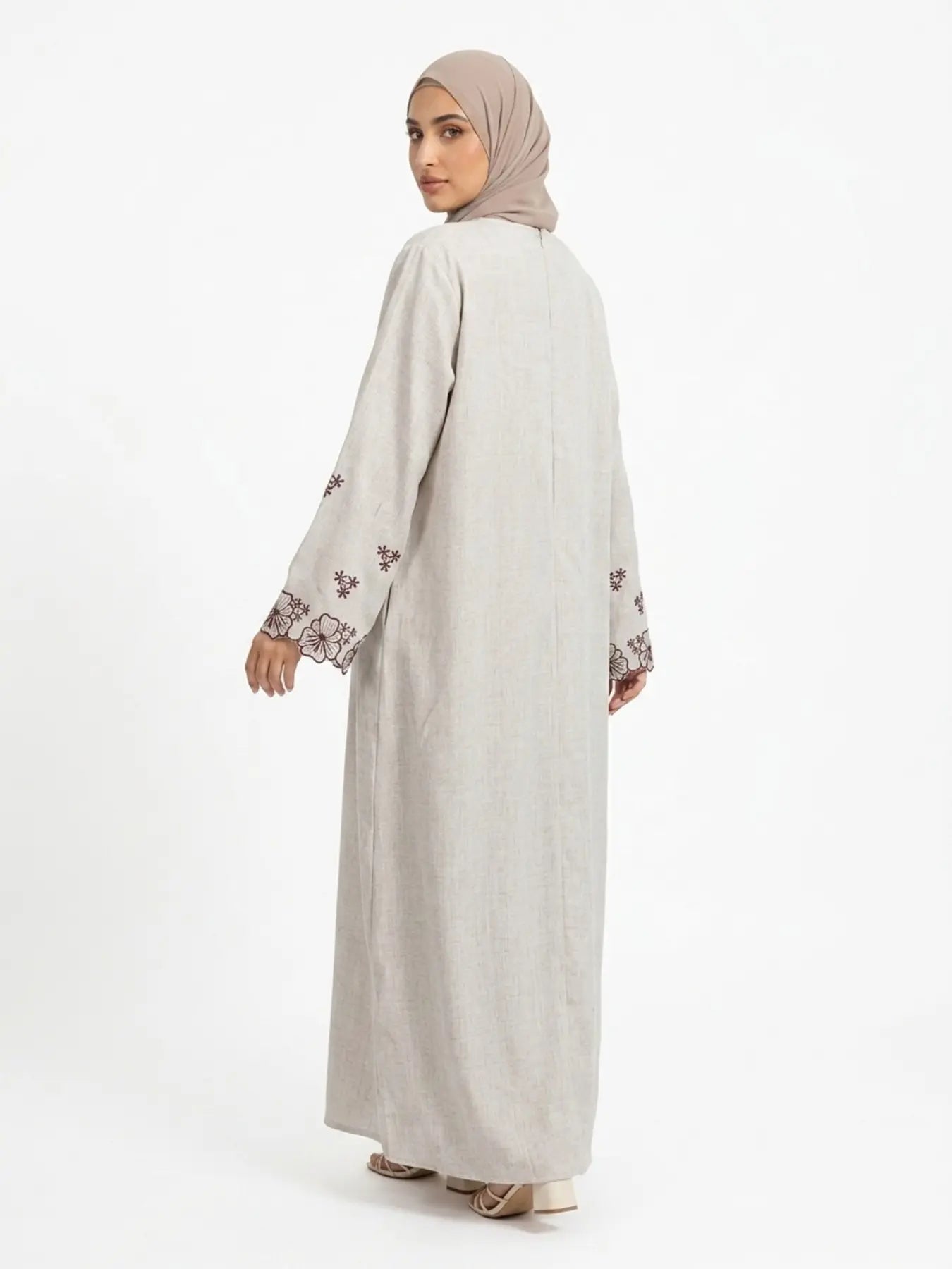 Elegant Embroidered Abaya Maxi Dress, Linen-Like Fabric, Pockets & Belt Included, Perfect for Special Occasions, Women'S Fashion, Muslim Clothing
