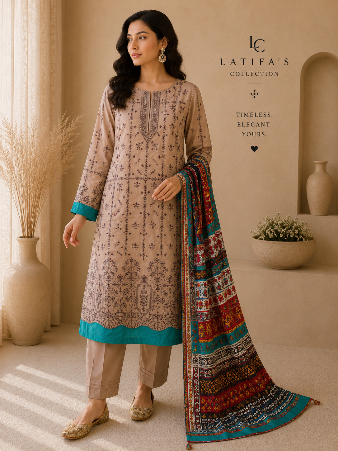 Zarmina Heritage Embroidered 3-Piece Suit – Sand Beige & Turquoise