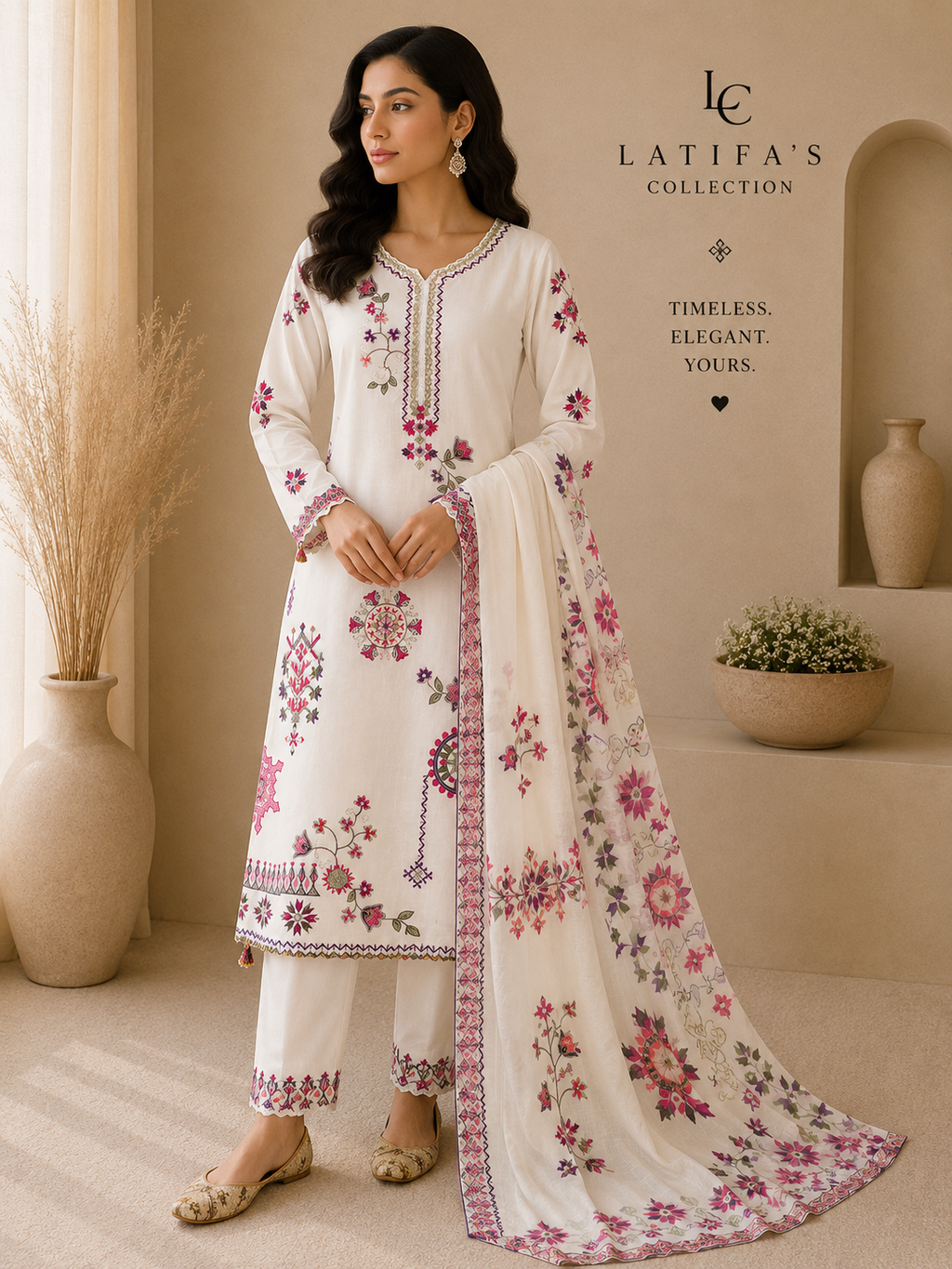 Noor-e-Bahar Embroidered Lawn 3-Piece Suit – Ivory White & Blossom Pink