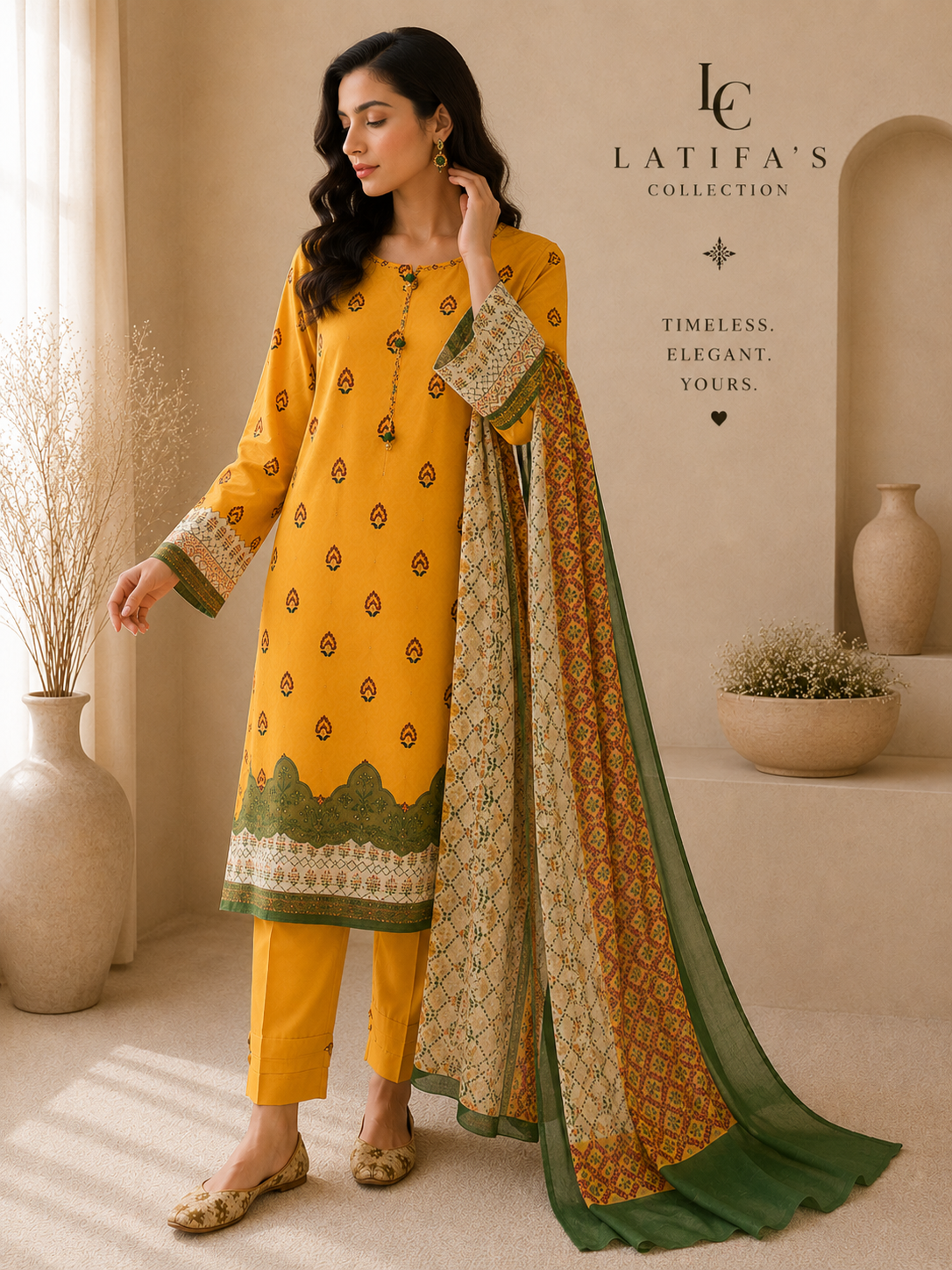 Golden Zareen Embroidered 3-Piece Suit
