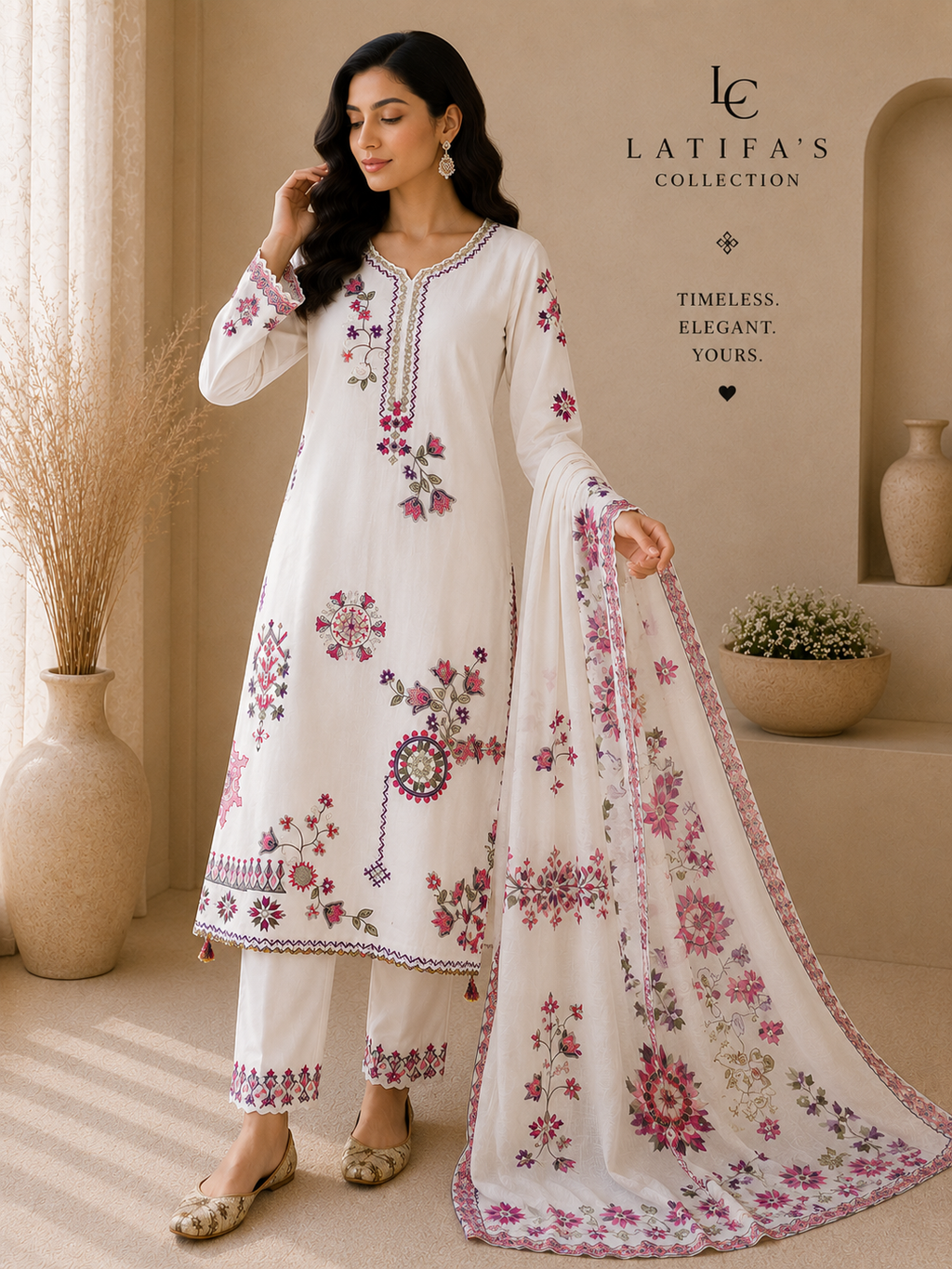 Noor-e-Bahar Embroidered Lawn 3-Piece Suit – Ivory White & Blossom Pink