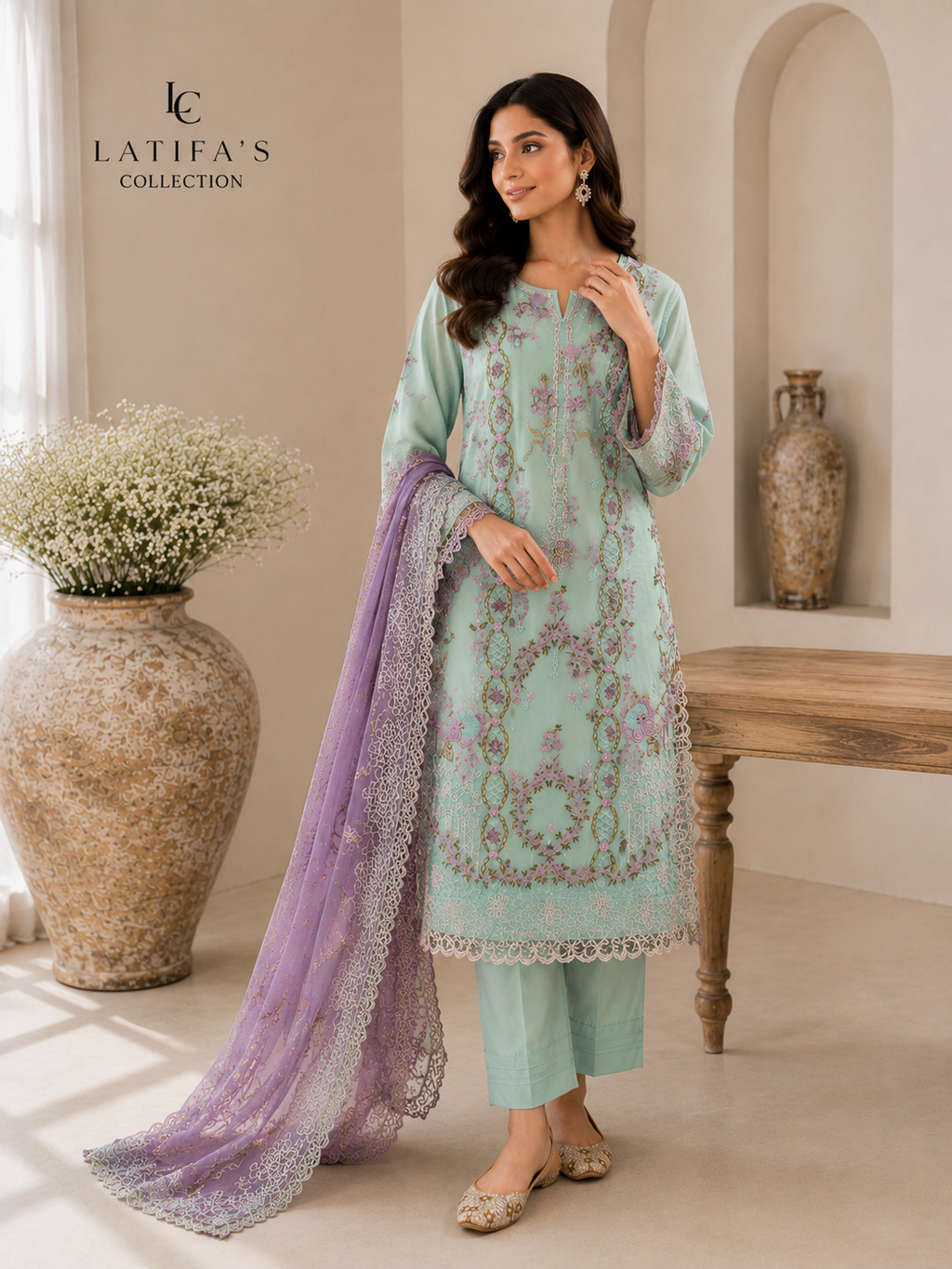Latifa’s Collection – Mint Blossom Luxury Embroidered Suit