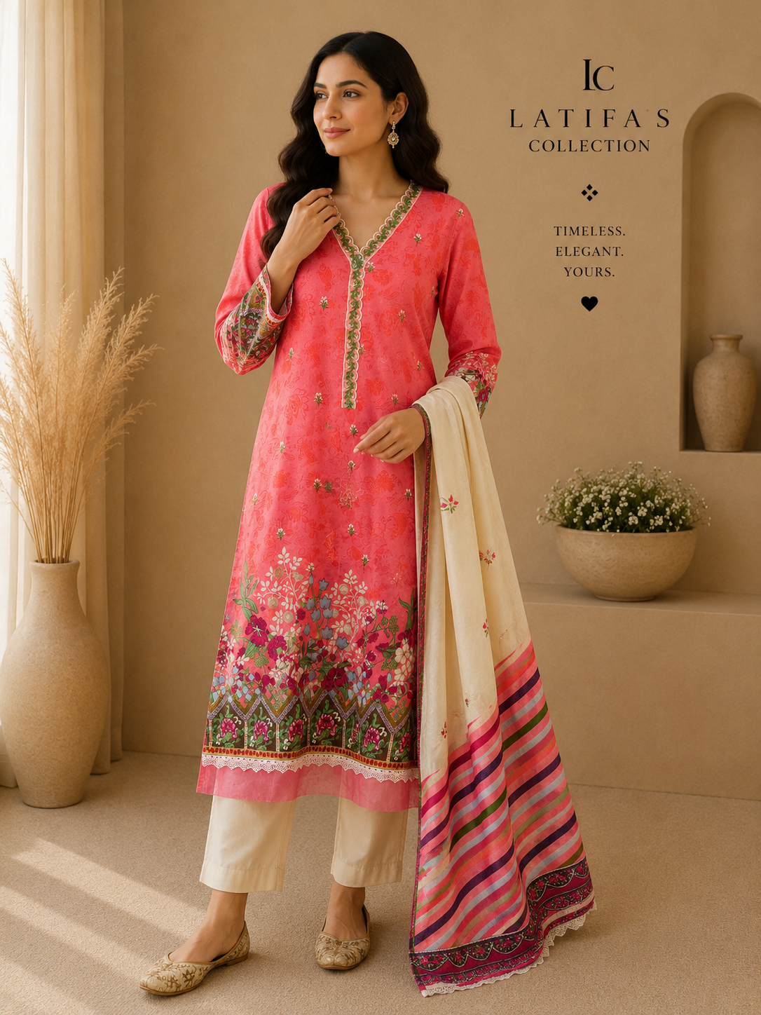 Coral Bloom Elegance – 3 Piece Lawn Suit