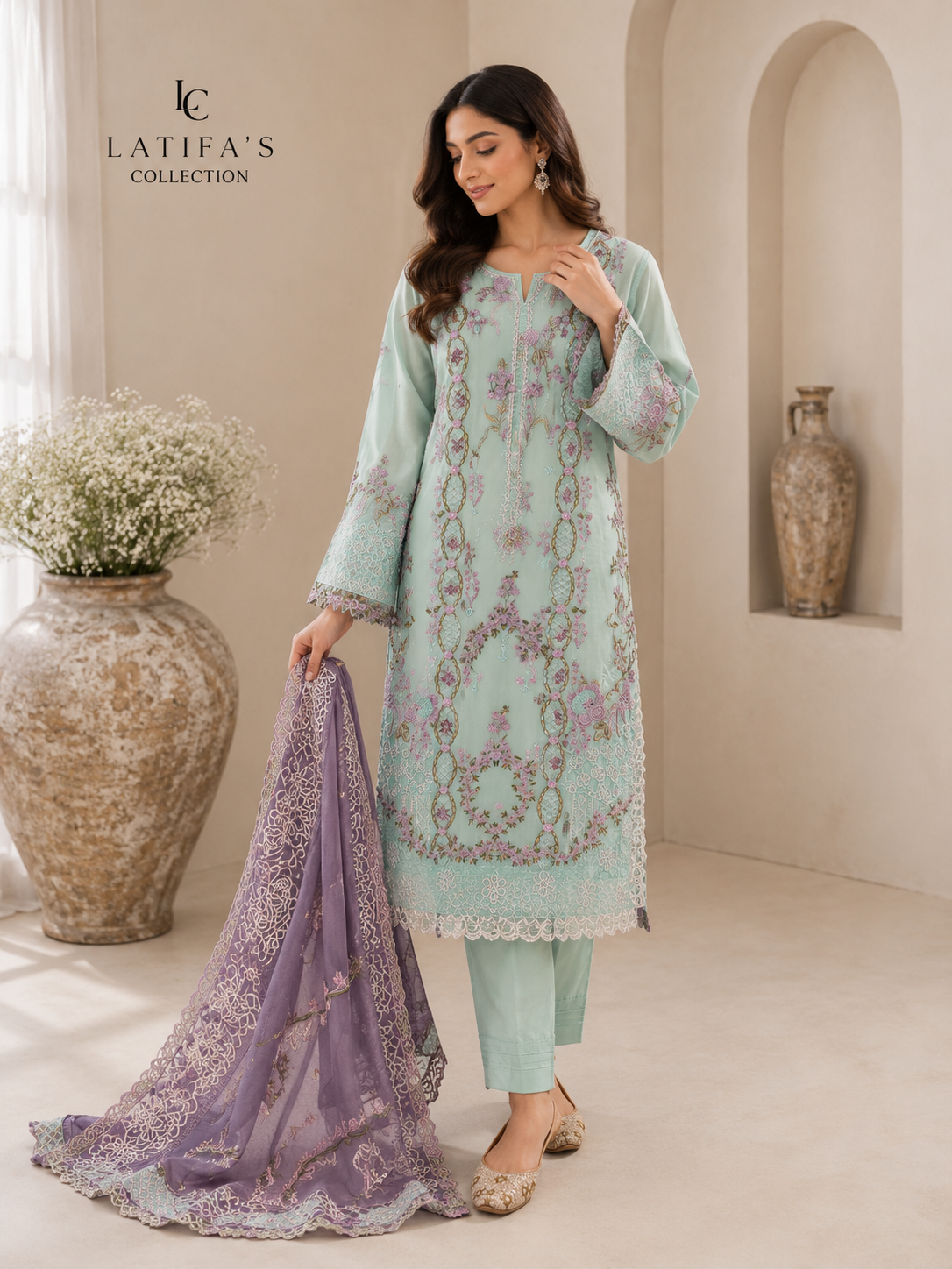 Latifa’s Collection – Mint Blossom Luxury Embroidered Suit