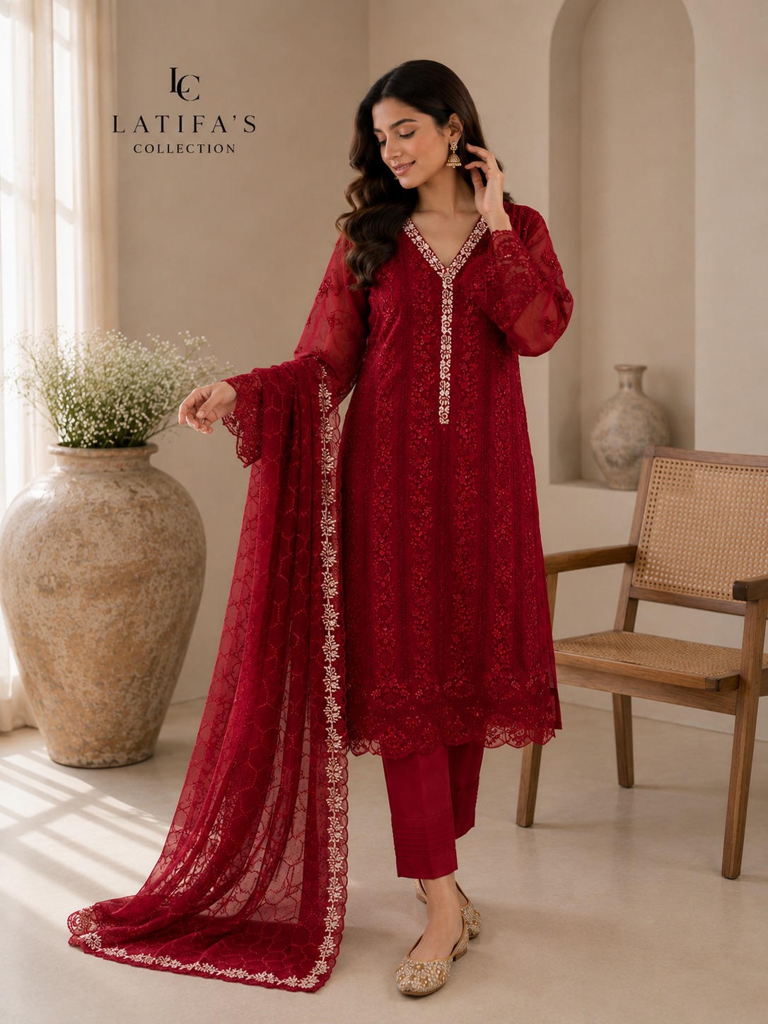 Red Ruby Royale Embroidered Luxury Suit – 3 Piece Set