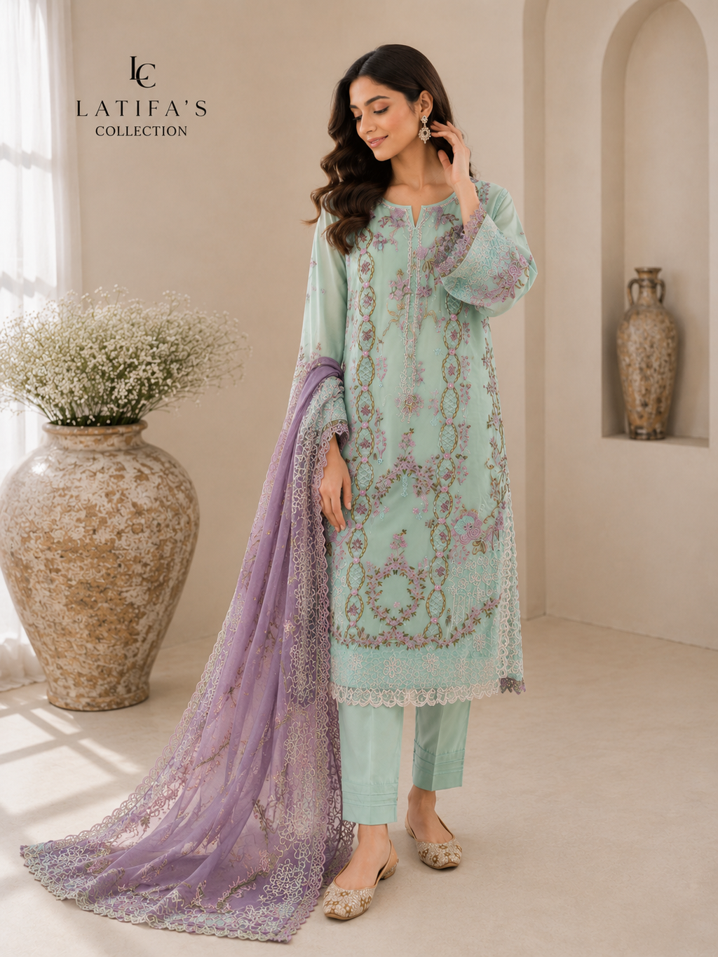Latifa’s Collection – Mint Blossom Luxury Embroidered Suit