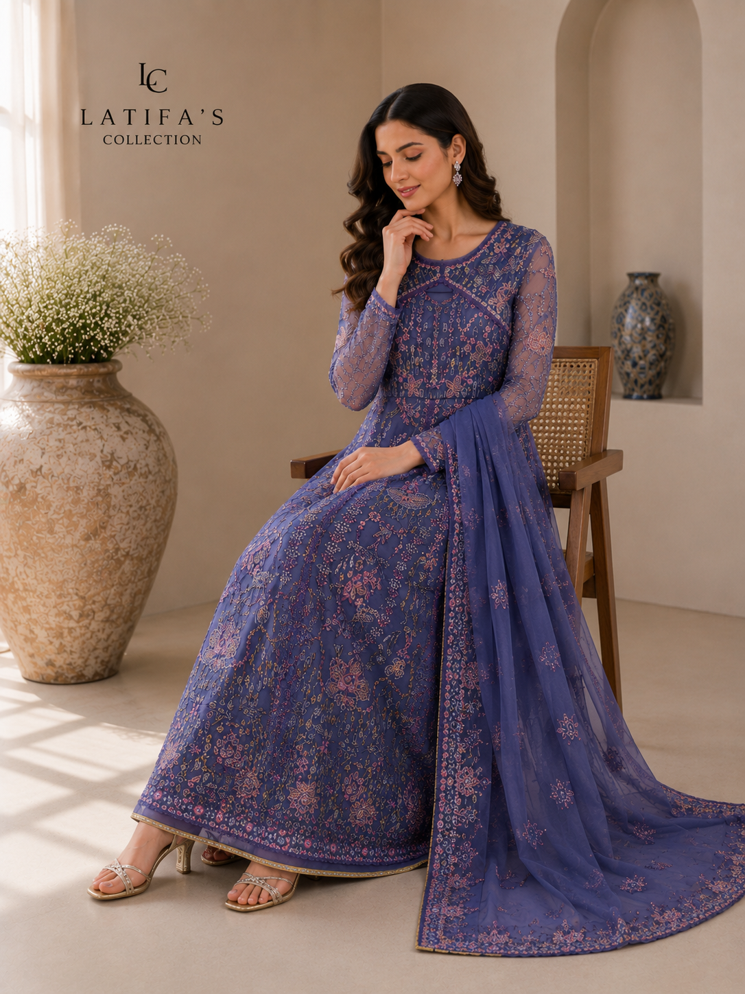 Midnight Amethyst Luxury Embroidered Formal Dress – 3 Piece Set