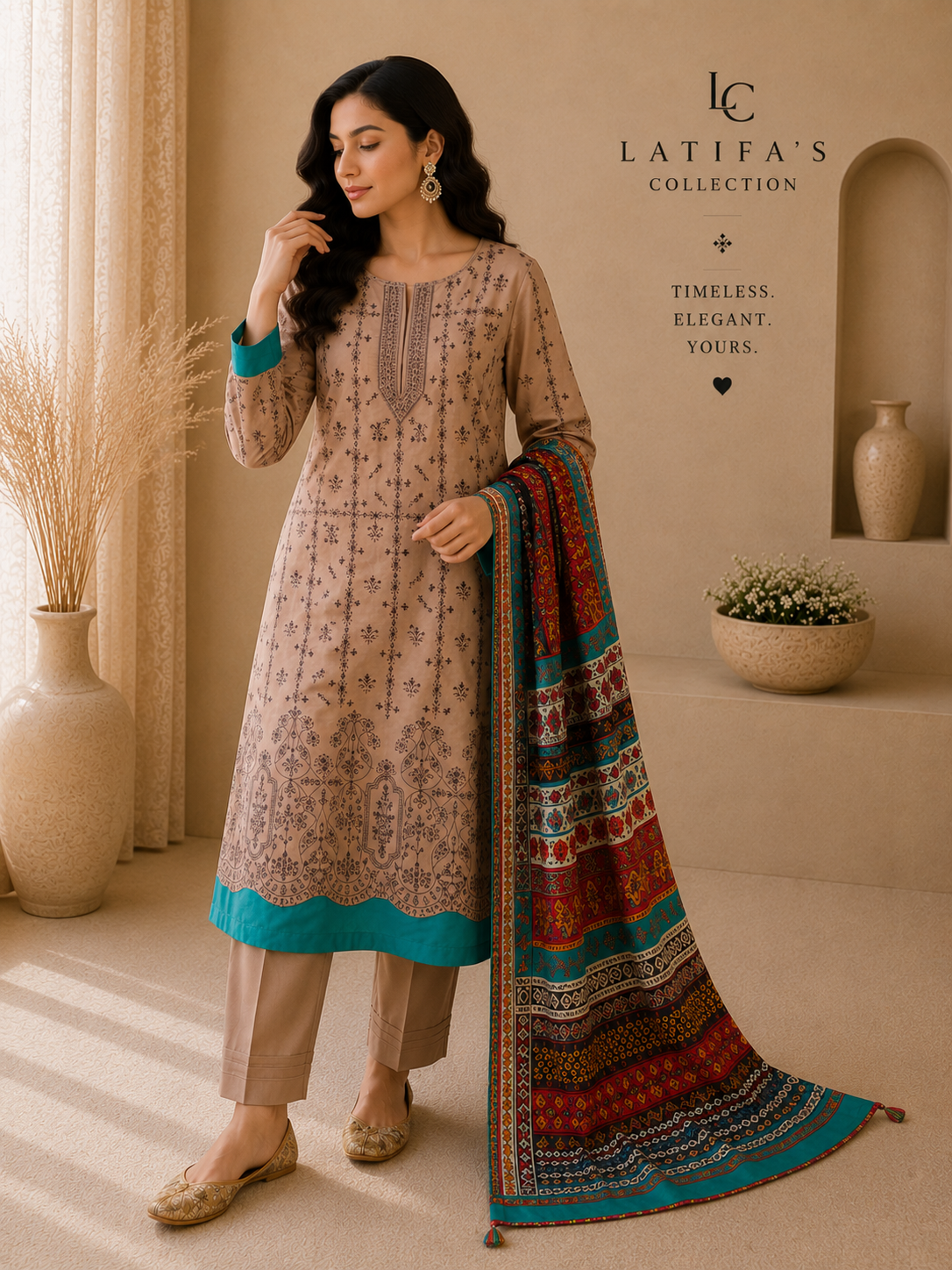 Zarmina Heritage Embroidered 3-Piece Suit – Sand Beige & Turquoise