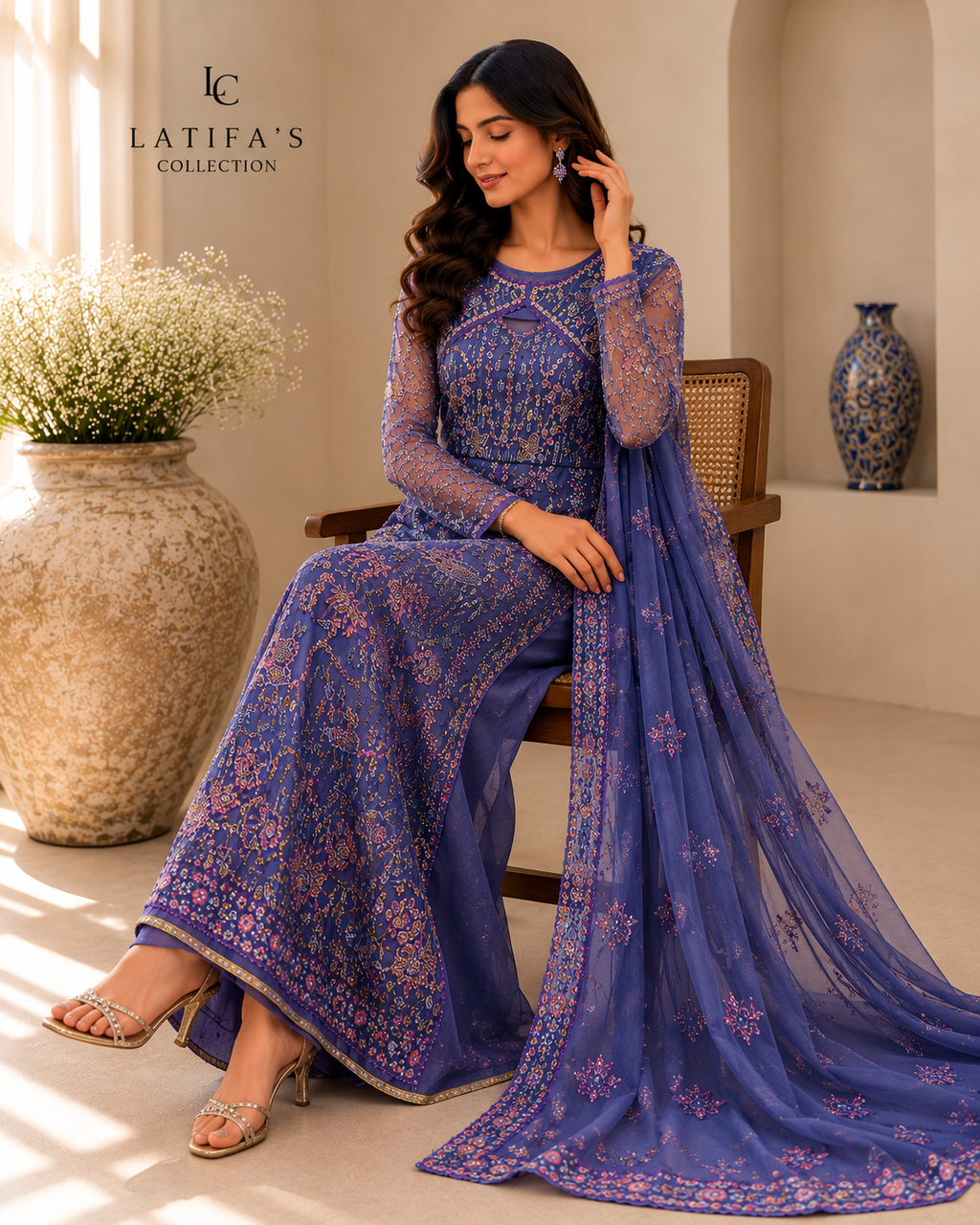 Midnight Amethyst Luxury Embroidered Formal Dress – 3 Piece Set