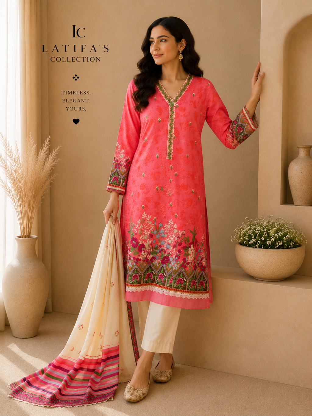 Coral Bloom Elegance – 3 Piece Lawn Suit