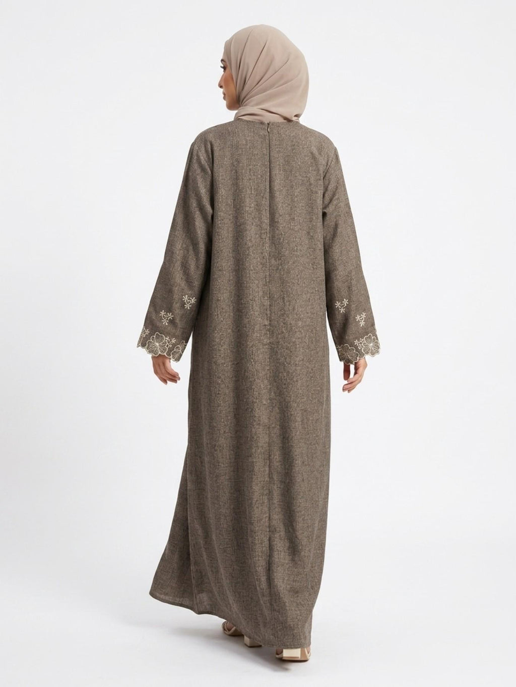 Elegant Embroidered Abaya Maxi Dress, Linen-Like Fabric, Pockets & Belt Included, Perfect for Special Occasions, Women's Fashion