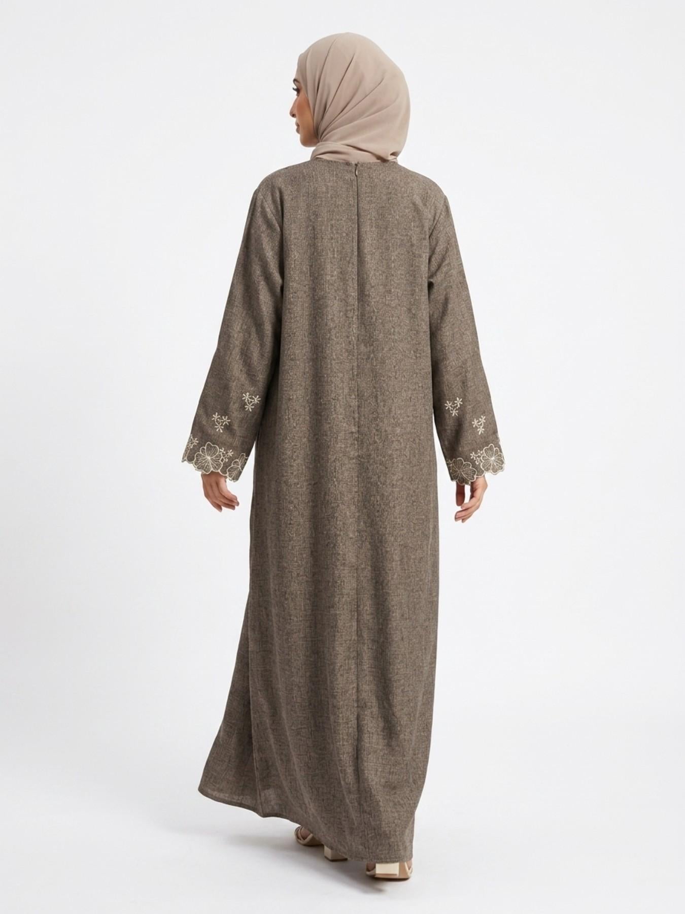 Elegant Embroidered Abaya Maxi Dress, Linen-Like Fabric, Pockets & Belt Included, Perfect for Special Occasions, Women's Fashion