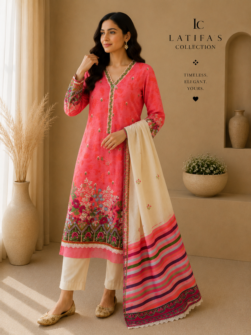Coral Bloom Elegance – 3 Piece Lawn Suit