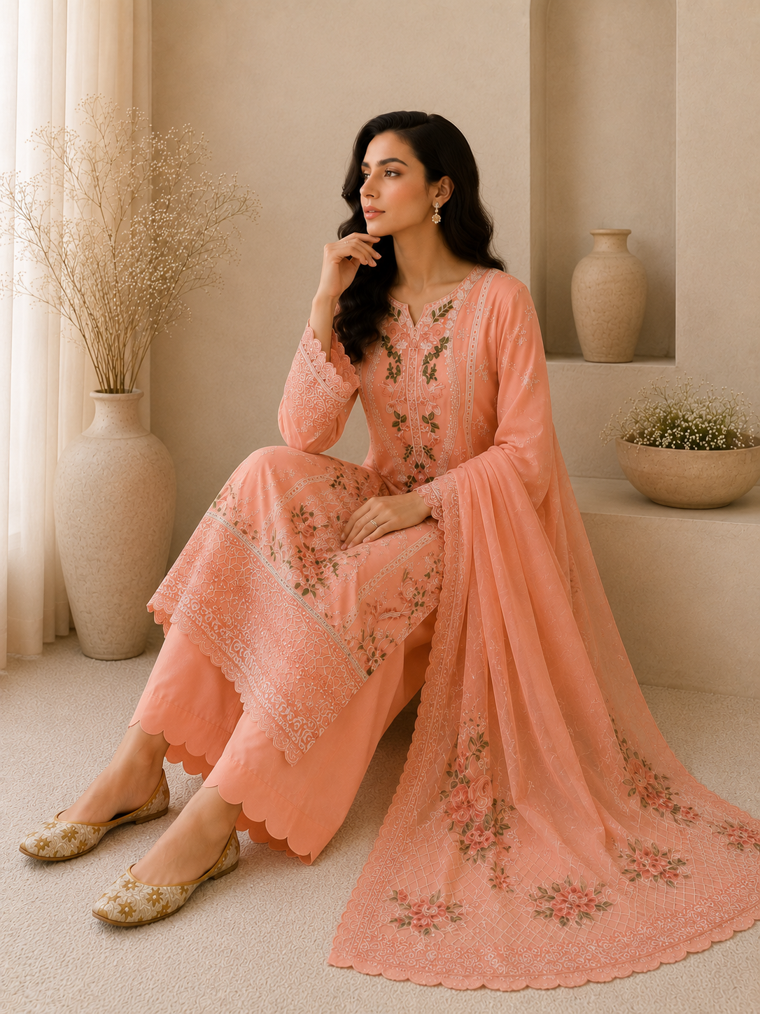 Peach Blossom Embroidered 3-Piece Suit