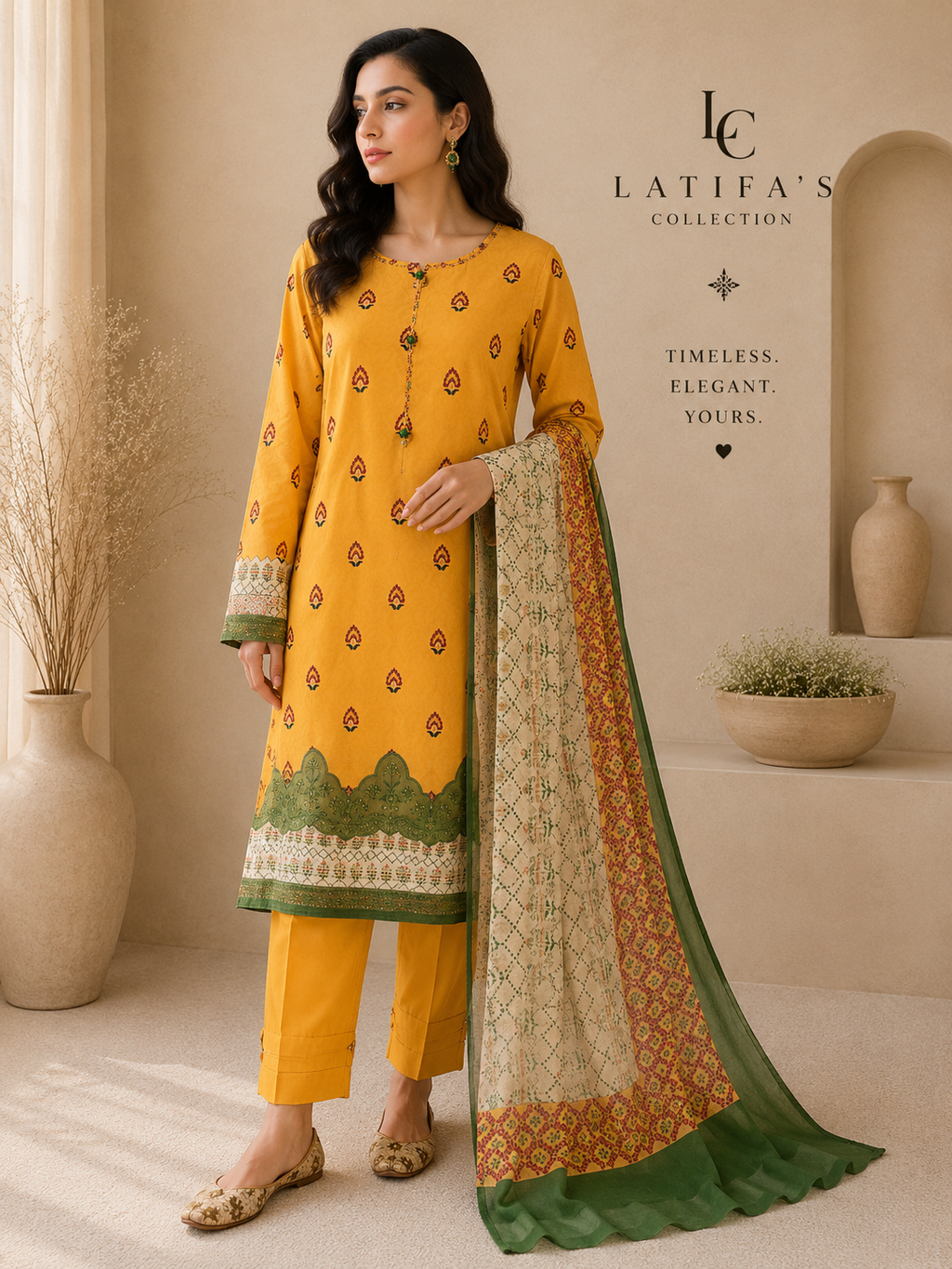 Golden Zareen Embroidered 3-Piece Suit