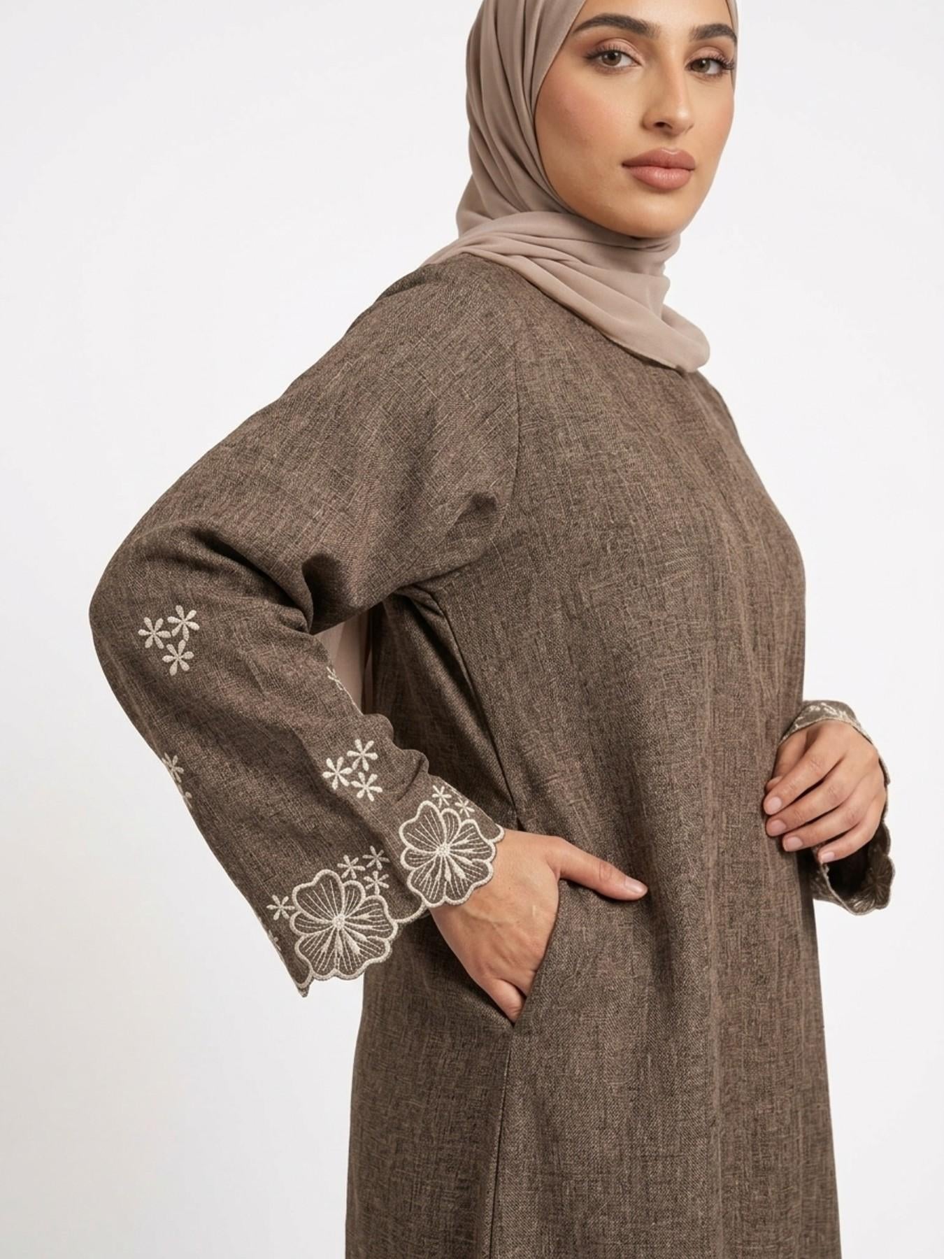Elegant Embroidered Abaya Maxi Dress, Linen-Like Fabric, Pockets & Belt Included, Perfect for Special Occasions, Women's Fashion