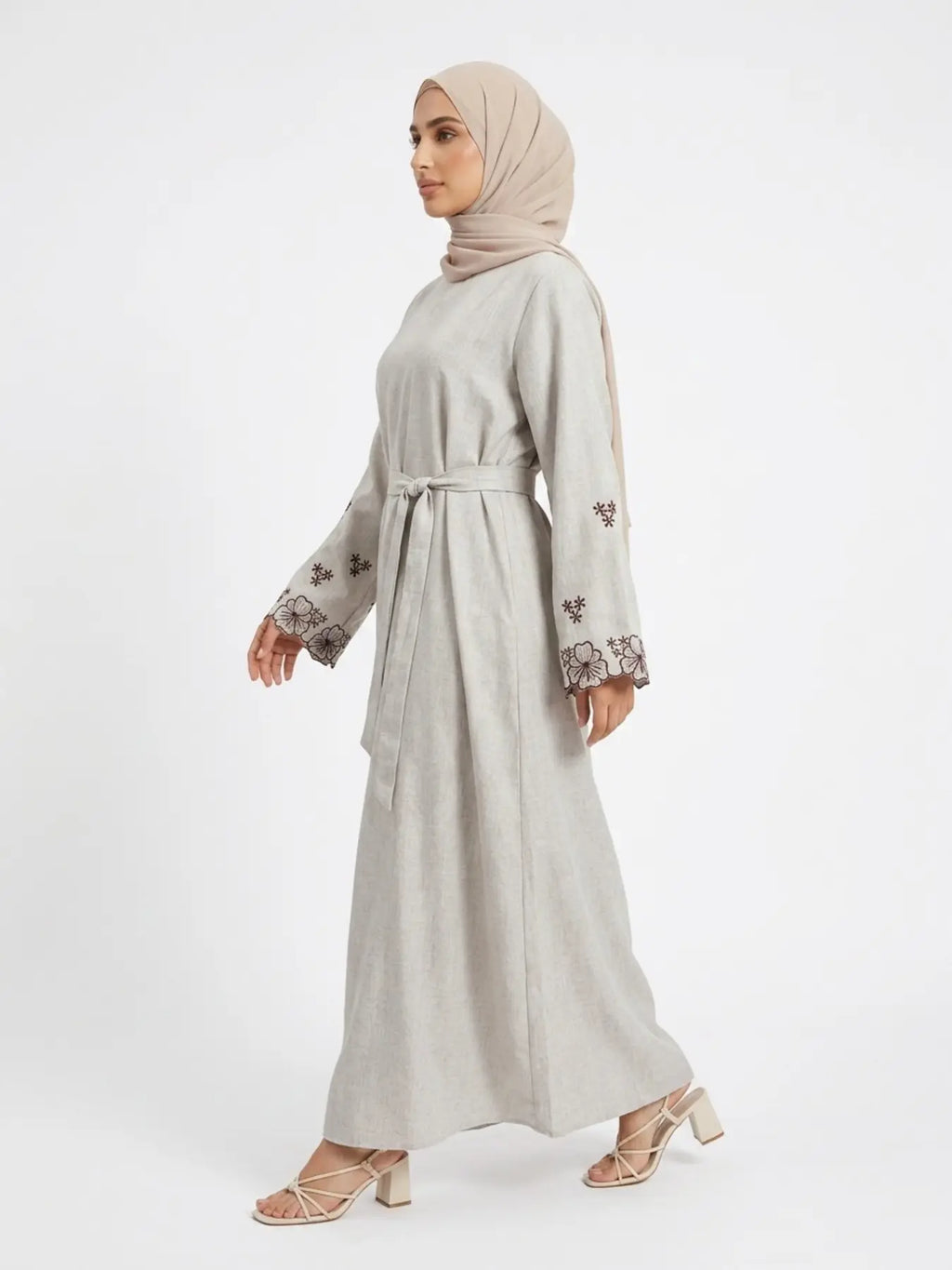 Elegant Embroidered Abaya Maxi Dress, Linen-Like Fabric, Pockets & Belt Included, Perfect for Special Occasions, Women'S Fashion, Muslim Clothing