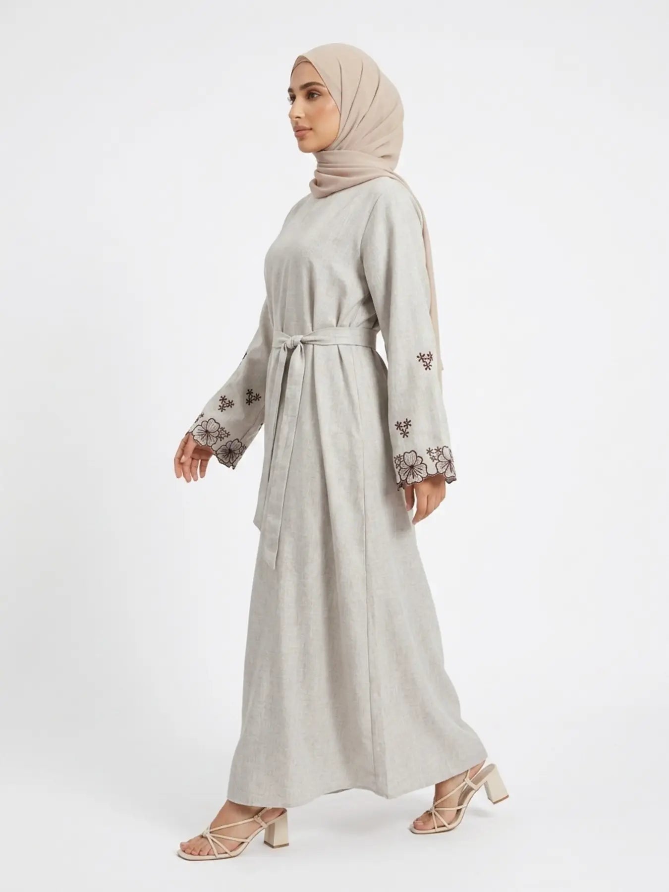 Elegant Embroidered Abaya Maxi Dress, Linen-Like Fabric, Pockets & Belt Included, Perfect for Special Occasions, Women'S Fashion, Muslim Clothing